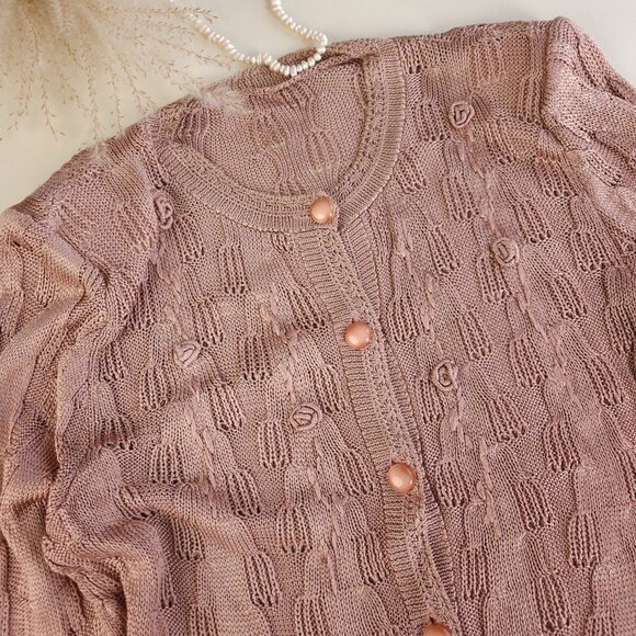 90s vintage silk pointelle embroidered knit cardigan dusty pink - Picture 9 of 13